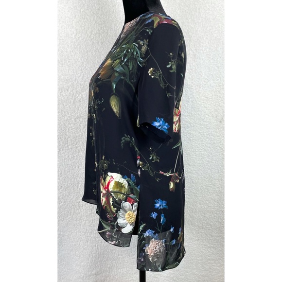 ADAM LIPPES • Black/Multi Floral Print Silk T-Shirt Blouse - Picture 3 of 13